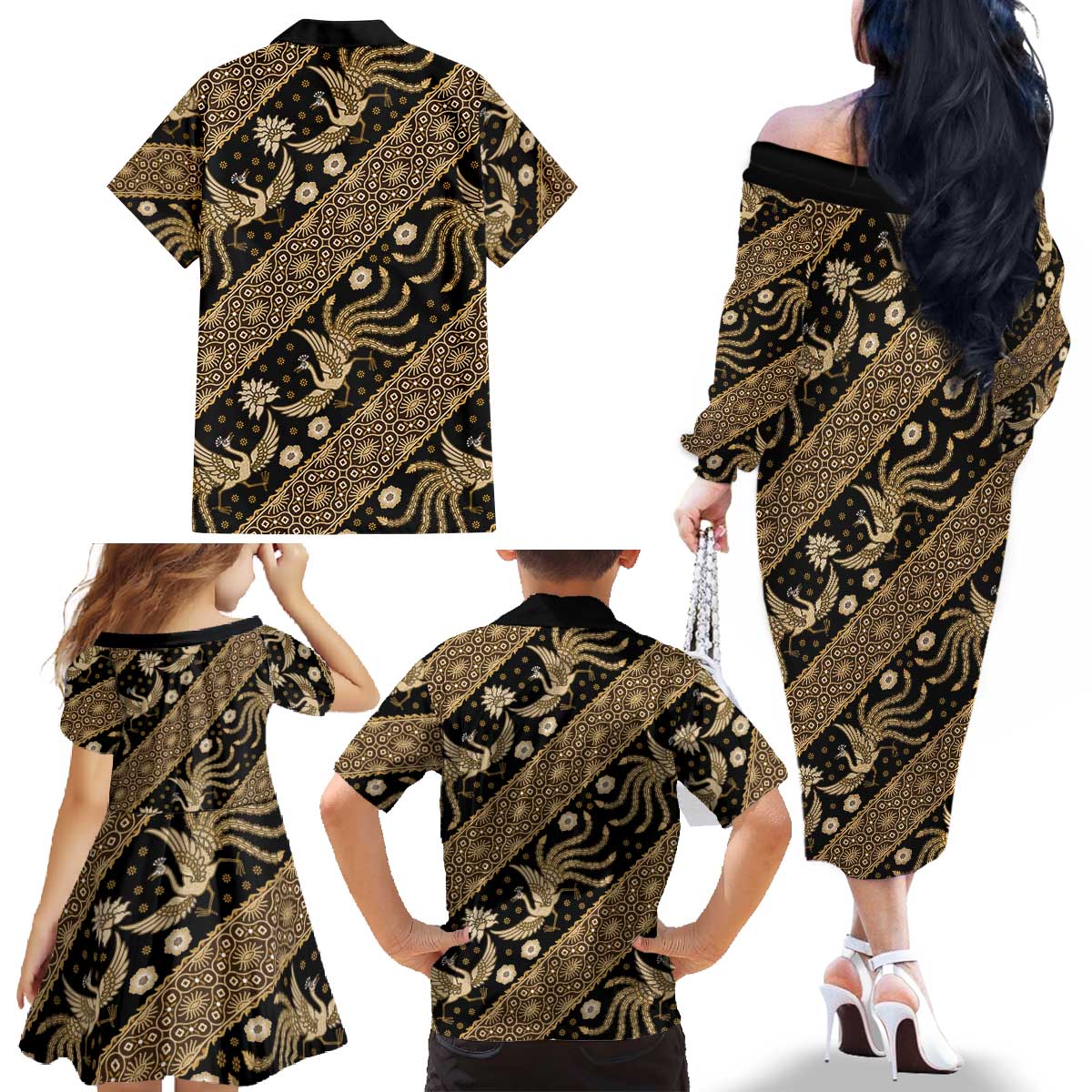 Indonesia Batik Pattern Family Matching Off The Shoulder Long Sleeve Dress and Hawaiian Shirt Gold Version LT01 - Polynesian Pride