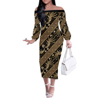 Indonesia Batik Pattern Family Matching Off The Shoulder Long Sleeve Dress and Hawaiian Shirt Gold Version LT01 Mom's Dress Gold - Polynesian Pride