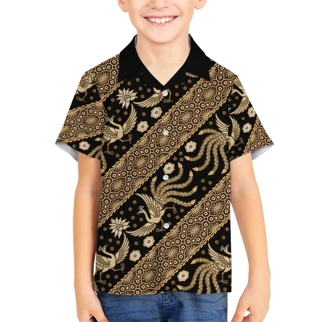 Indonesia Batik Pattern Family Matching Off Shoulder Maxi Dress and Hawaiian Shirt Gold Version