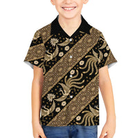 Indonesia Batik Pattern Family Matching Off Shoulder Maxi Dress and Hawaiian Shirt Gold Version