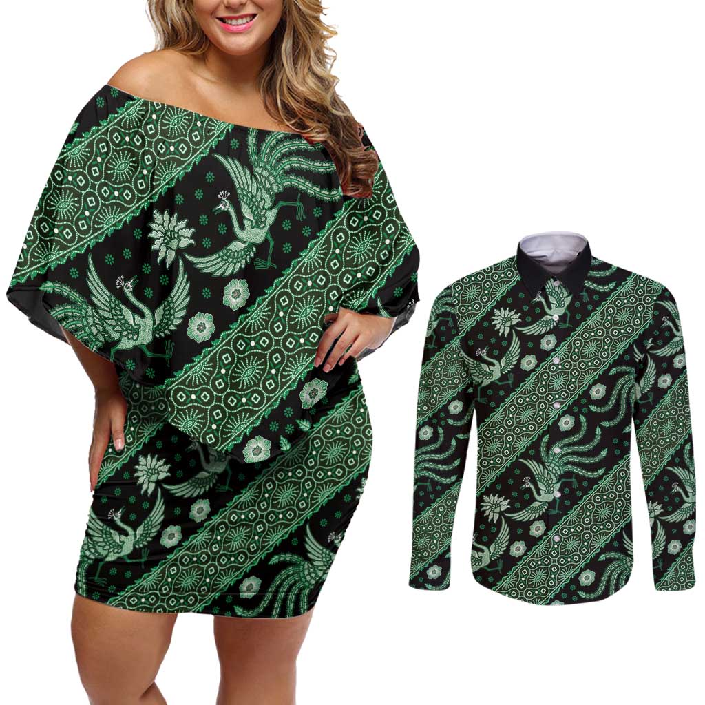 Indonesia Batik Pattern Couples Matching Off Shoulder Short Dress and Long Sleeve Button Shirt Green Version LT01 Green - Polynesian Pride