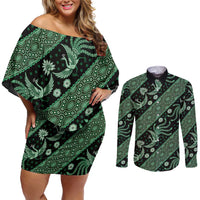 Indonesia Batik Pattern Couples Matching Off Shoulder Short Dress and Long Sleeve Button Shirt Green Version LT01 Green - Polynesian Pride