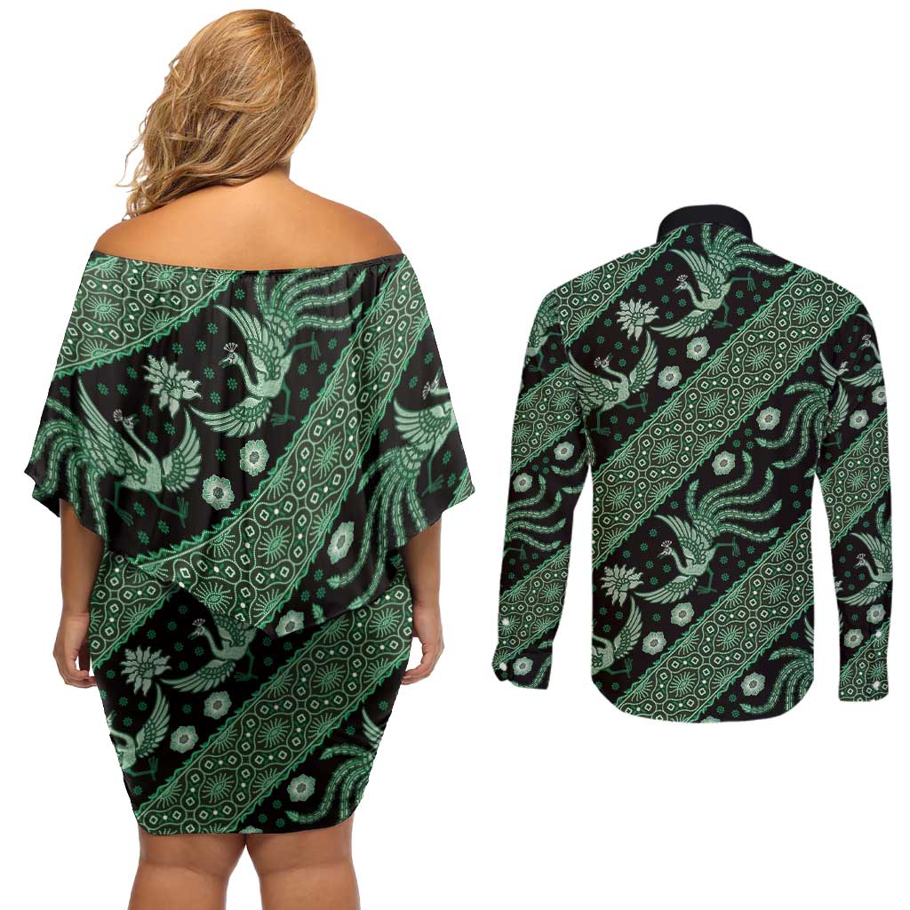 Indonesia Batik Pattern Couples Matching Off Shoulder Short Dress and Long Sleeve Button Shirt Green Version LT01 - Polynesian Pride