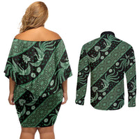 Indonesia Batik Pattern Couples Matching Off Shoulder Short Dress and Long Sleeve Button Shirt Green Version LT01 - Polynesian Pride
