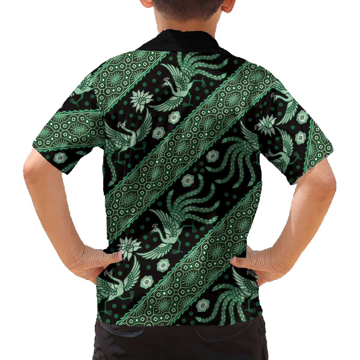 Indonesia Batik Pattern Family Matching Off The Shoulder Long Sleeve Dress and Hawaiian Shirt Green Version LT01 - Polynesian Pride