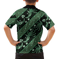 Indonesia Batik Pattern Family Matching Off The Shoulder Long Sleeve Dress and Hawaiian Shirt Green Version LT01 - Polynesian Pride