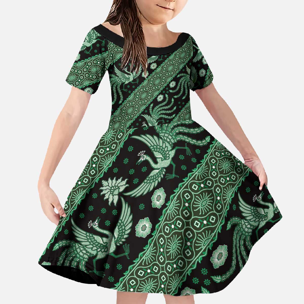 Indonesia Batik Pattern Family Matching Off The Shoulder Long Sleeve Dress and Hawaiian Shirt Green Version LT01 Daughter's Dress Green - Polynesian Pride