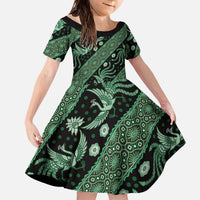 Indonesia Batik Pattern Family Matching Off The Shoulder Long Sleeve Dress and Hawaiian Shirt Green Version LT01 Daughter's Dress Green - Polynesian Pride