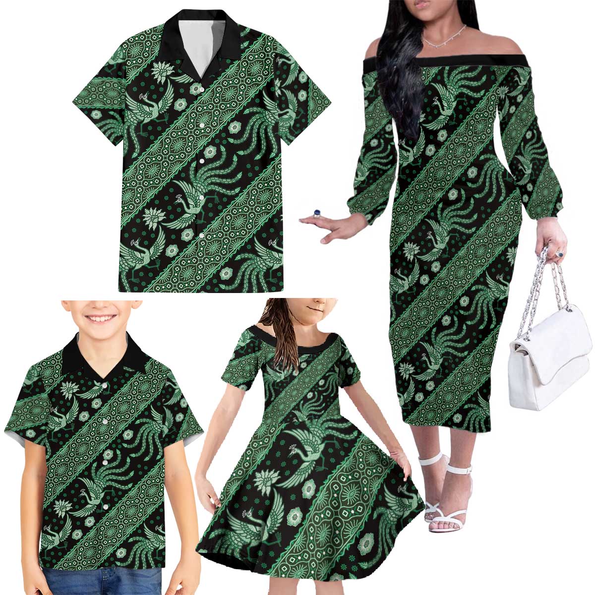 Indonesia Batik Pattern Family Matching Off The Shoulder Long Sleeve Dress and Hawaiian Shirt Green Version LT01 - Polynesian Pride