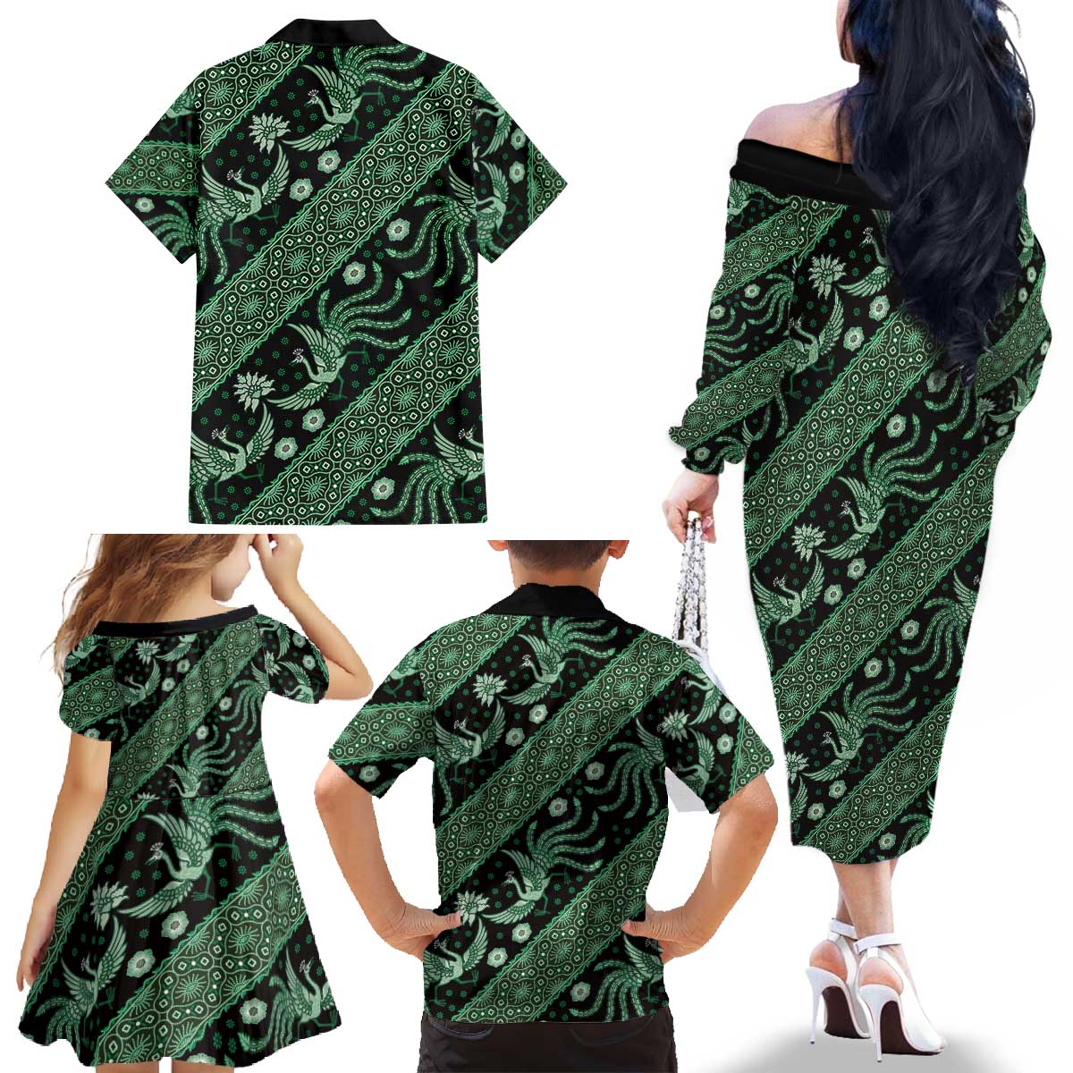Indonesia Batik Pattern Family Matching Off The Shoulder Long Sleeve Dress and Hawaiian Shirt Green Version LT01 - Polynesian Pride