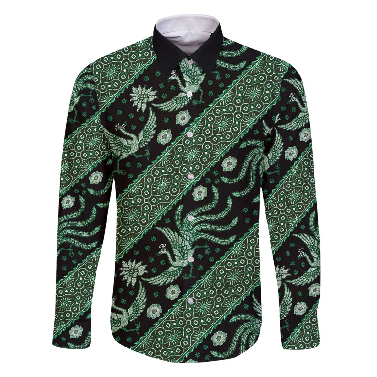 Indonesia Batik Pattern Family Matching Off The Shoulder Long Sleeve Dress and Hawaiian Shirt Green Version LT01 Dad's Shirt - Long Sleeve Green - Polynesian Pride