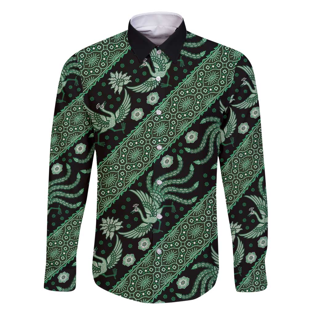Indonesia Batik Pattern Family Matching Off Shoulder Maxi Dress and Hawaiian Shirt Green Version