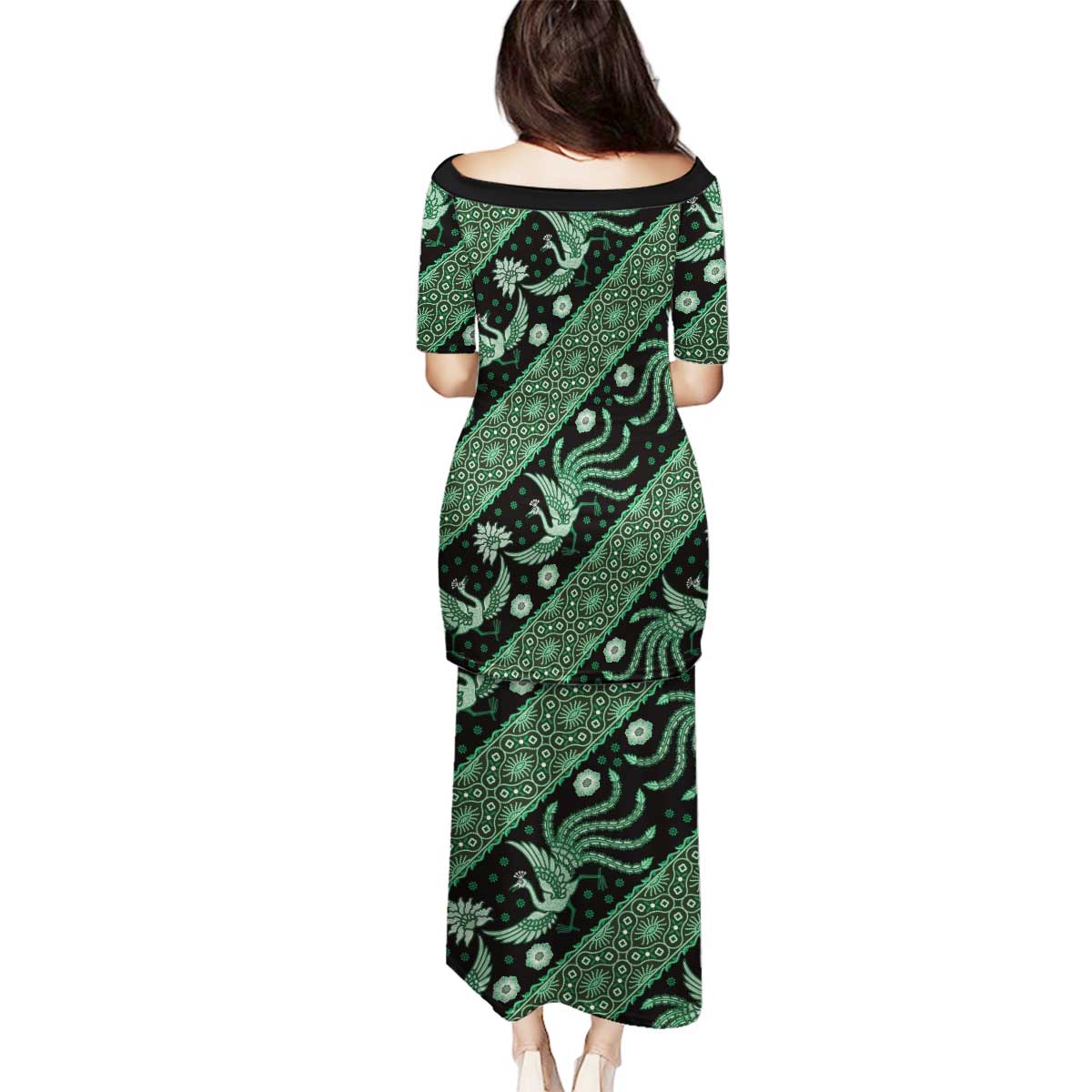 Indonesia Batik Pattern Family Matching Puletasi and Hawaiian Shirt Green Version