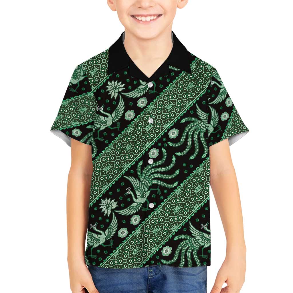 Indonesia Batik Pattern Family Matching Summer Maxi Dress and Hawaiian Shirt Green Version