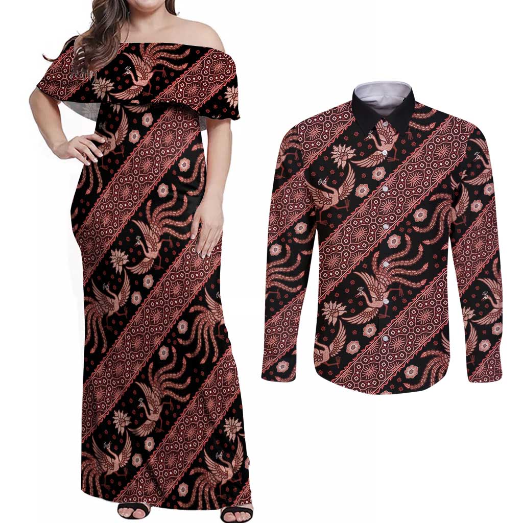 Indonesia Batik Pattern Couples Matching Off Shoulder Maxi Dress and Long Sleeve Button Shirt Red Version LT01 Red - Polynesian Pride