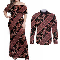 Indonesia Batik Pattern Couples Matching Off Shoulder Maxi Dress and Long Sleeve Button Shirt Red Version LT01 Red - Polynesian Pride