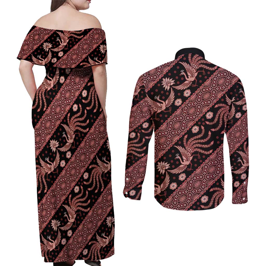 Indonesia Batik Pattern Couples Matching Off Shoulder Maxi Dress and Long Sleeve Button Shirt Red Version LT01 - Polynesian Pride