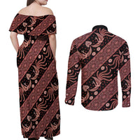 Indonesia Batik Pattern Couples Matching Off Shoulder Maxi Dress and Long Sleeve Button Shirt Red Version LT01 - Polynesian Pride