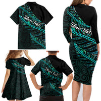 Personalised Aotearoa Family Matching Long Sleeve Bodycon Dress and Hawaiian Shirt Silver Fern Mix Paua Shell Polynesian Pattern LT01 - Polynesian Pride