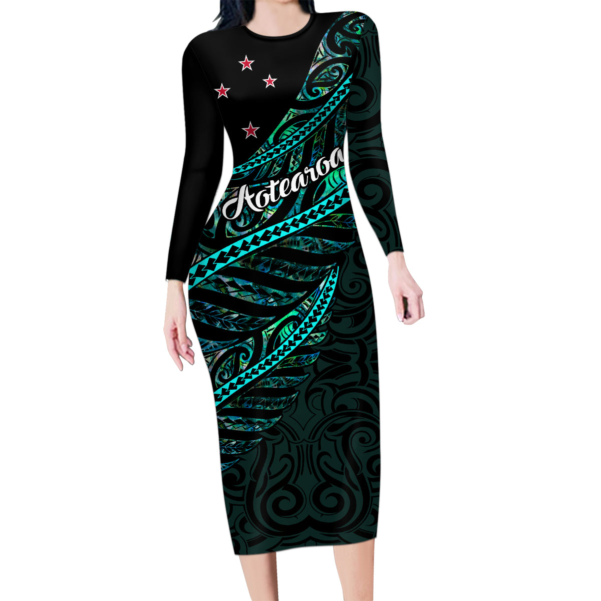 Personalised Aotearoa Family Matching Long Sleeve Bodycon Dress and Hawaiian Shirt Silver Fern Mix Paua Shell Polynesian Pattern LT01 Mom's Dress Black - Polynesian Pride
