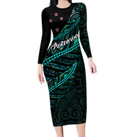 Personalised Aotearoa Family Matching Long Sleeve Bodycon Dress and Hawaiian Shirt Silver Fern Mix Paua Shell Polynesian Pattern LT01 Mom's Dress Black - Polynesian Pride