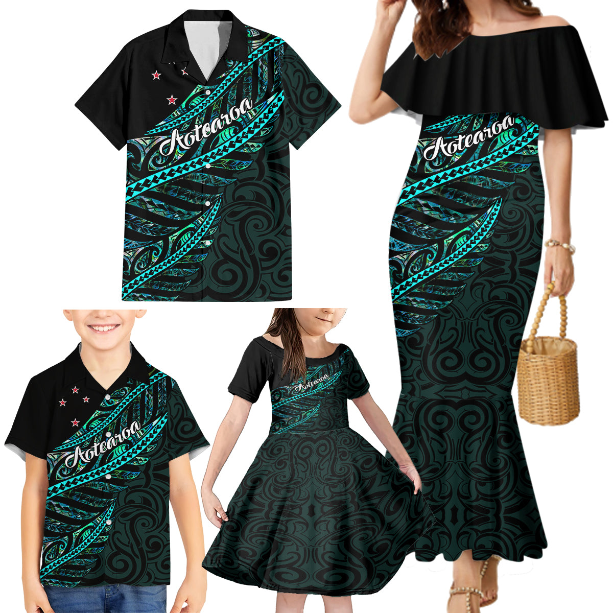 Personalised Aotearoa Family Matching Mermaid Dress and Hawaiian Shirt Silver Fern Mix Paua Shell Polynesian Pattern LT01 - Polynesian Pride