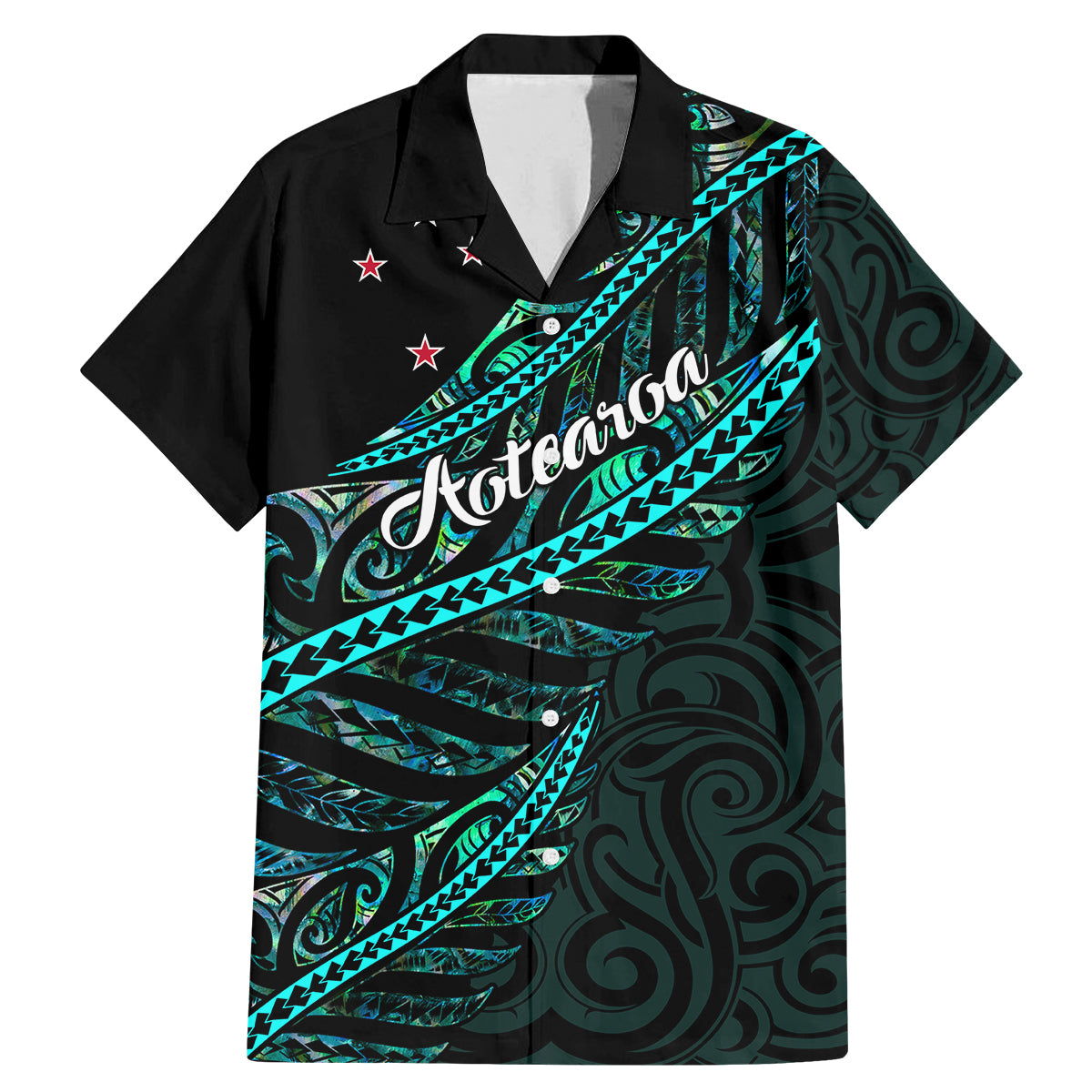 Personalised Aotearoa Family Matching Mermaid Dress and Hawaiian Shirt Silver Fern Mix Paua Shell Polynesian Pattern LT01 Dad's Shirt - Short Sleeve Black - Polynesian Pride