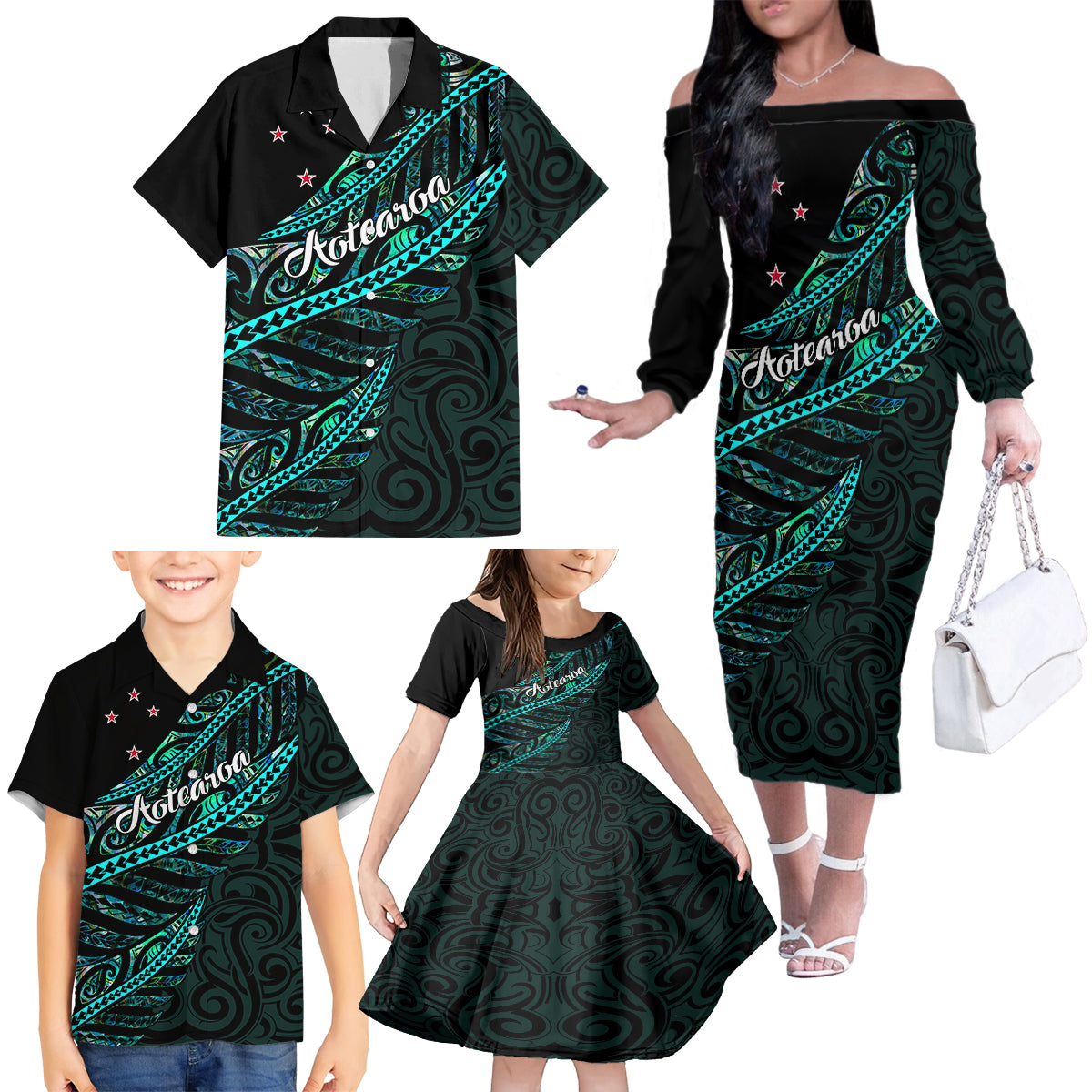 Personalised Aotearoa Family Matching Off Shoulder Long Sleeve Dress and Hawaiian Shirt Silver Fern Mix Paua Shell Polynesian Pattern LT01 - Polynesian Pride