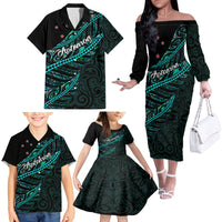 Personalised Aotearoa Family Matching Off Shoulder Long Sleeve Dress and Hawaiian Shirt Silver Fern Mix Paua Shell Polynesian Pattern LT01 - Polynesian Pride