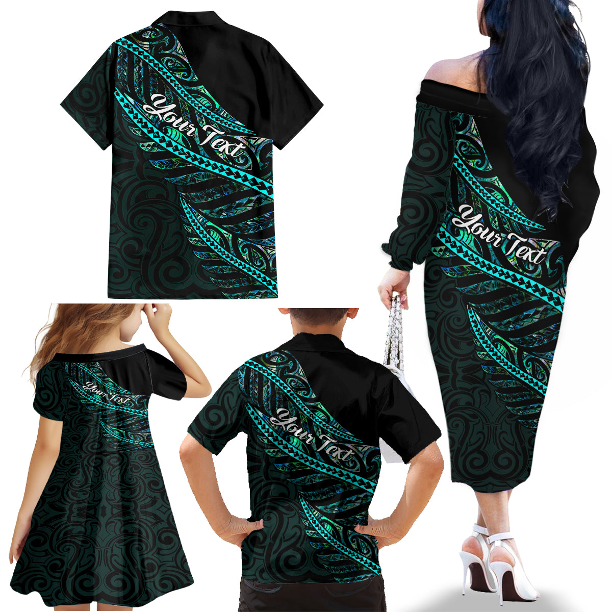 Personalised Aotearoa Family Matching Off Shoulder Long Sleeve Dress and Hawaiian Shirt Silver Fern Mix Paua Shell Polynesian Pattern LT01 - Polynesian Pride