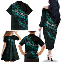 Personalised Aotearoa Family Matching Off Shoulder Long Sleeve Dress and Hawaiian Shirt Silver Fern Mix Paua Shell Polynesian Pattern LT01 - Polynesian Pride