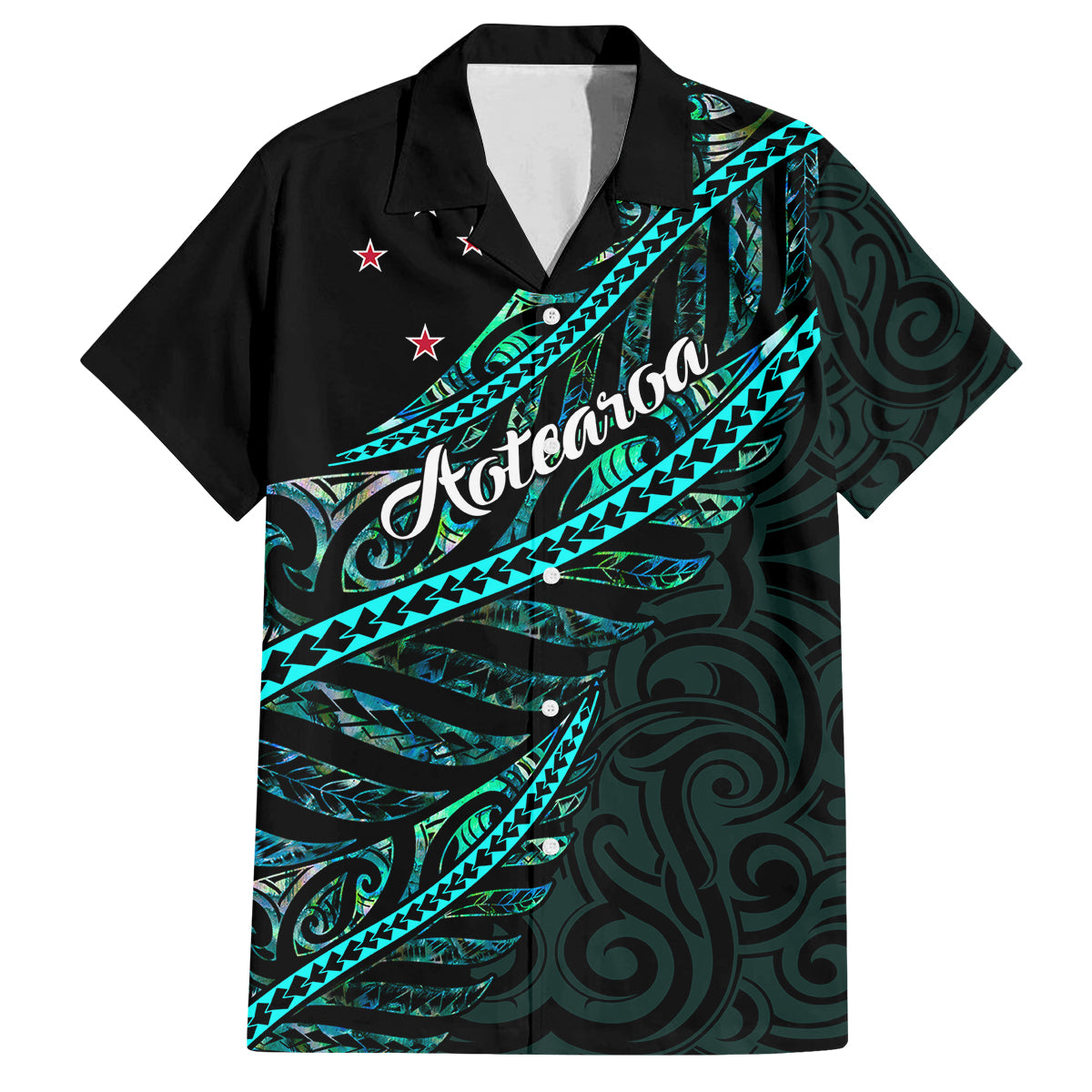 Personalised Aotearoa Family Matching Off Shoulder Long Sleeve Dress and Hawaiian Shirt Silver Fern Mix Paua Shell Polynesian Pattern LT01 Dad's Shirt - Short Sleeve Black - Polynesian Pride