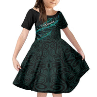 Personalised Aotearoa Family Matching Off Shoulder Maxi Dress and Hawaiian Shirt Silver Fern Mix Paua Shell Polynesian Pattern LT01 Daughter's Dress Black - Polynesian Pride