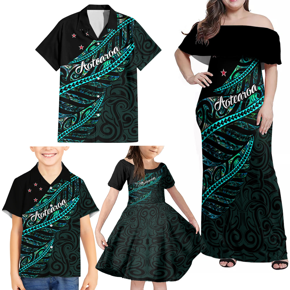 Personalised Aotearoa Family Matching Off Shoulder Maxi Dress and Hawaiian Shirt Silver Fern Mix Paua Shell Polynesian Pattern LT01 - Polynesian Pride