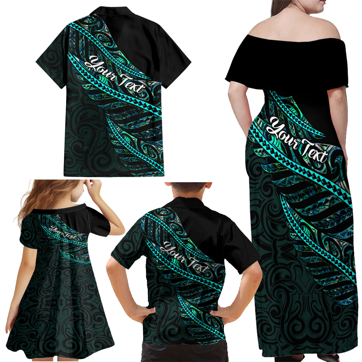 Personalised Aotearoa Family Matching Off Shoulder Maxi Dress and Hawaiian Shirt Silver Fern Mix Paua Shell Polynesian Pattern LT01 - Polynesian Pride