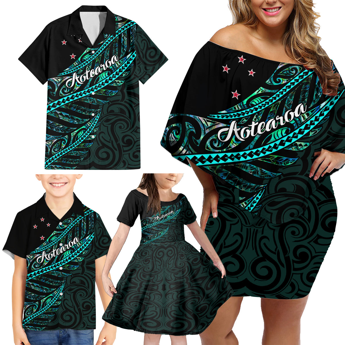 Personalised Aotearoa Family Matching Off Shoulder Short Dress and Hawaiian Shirt Silver Fern Mix Paua Shell Polynesian Pattern LT01 - Polynesian Pride