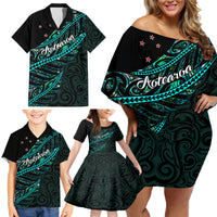 Personalised Aotearoa Family Matching Off Shoulder Short Dress and Hawaiian Shirt Silver Fern Mix Paua Shell Polynesian Pattern LT01 - Polynesian Pride