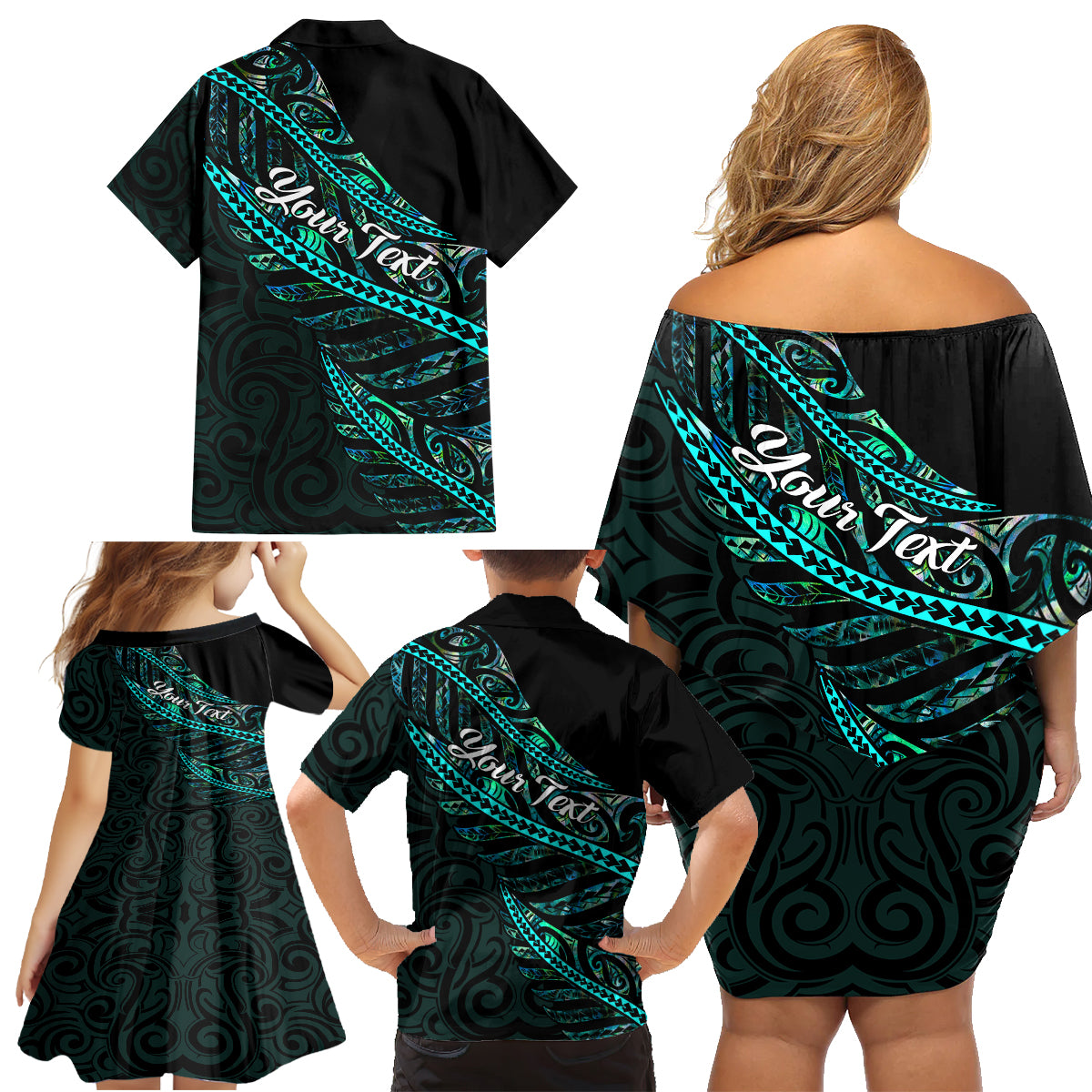 Personalised Aotearoa Family Matching Off Shoulder Short Dress and Hawaiian Shirt Silver Fern Mix Paua Shell Polynesian Pattern LT01 - Polynesian Pride