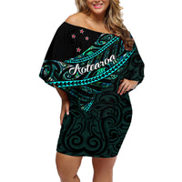 Personalised Aotearoa Family Matching Off Shoulder Short Dress and Hawaiian Shirt Silver Fern Mix Paua Shell Polynesian Pattern LT01 Mom's Dress Black - Polynesian Pride