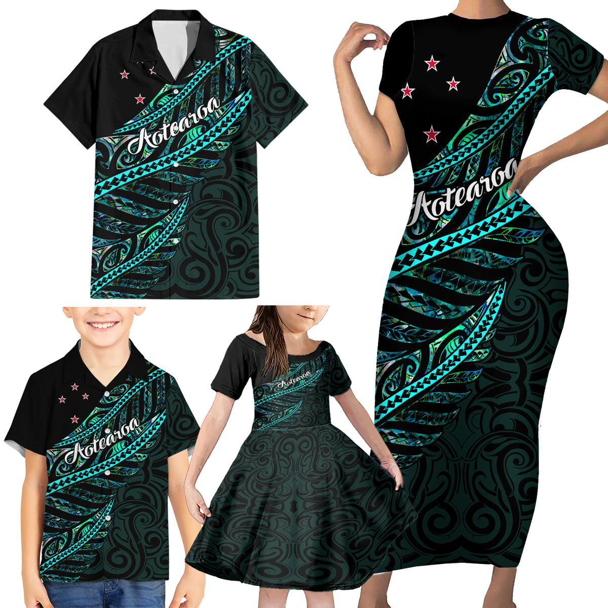 Personalised Aotearoa Family Matching Short Sleeve Bodycon Dress and Hawaiian Shirt Silver Fern Mix Paua Shell Polynesian Pattern LT01 - Polynesian Pride