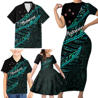 Personalised Aotearoa Family Matching Short Sleeve Bodycon Dress and Hawaiian Shirt Silver Fern Mix Paua Shell Polynesian Pattern LT01 - Polynesian Pride