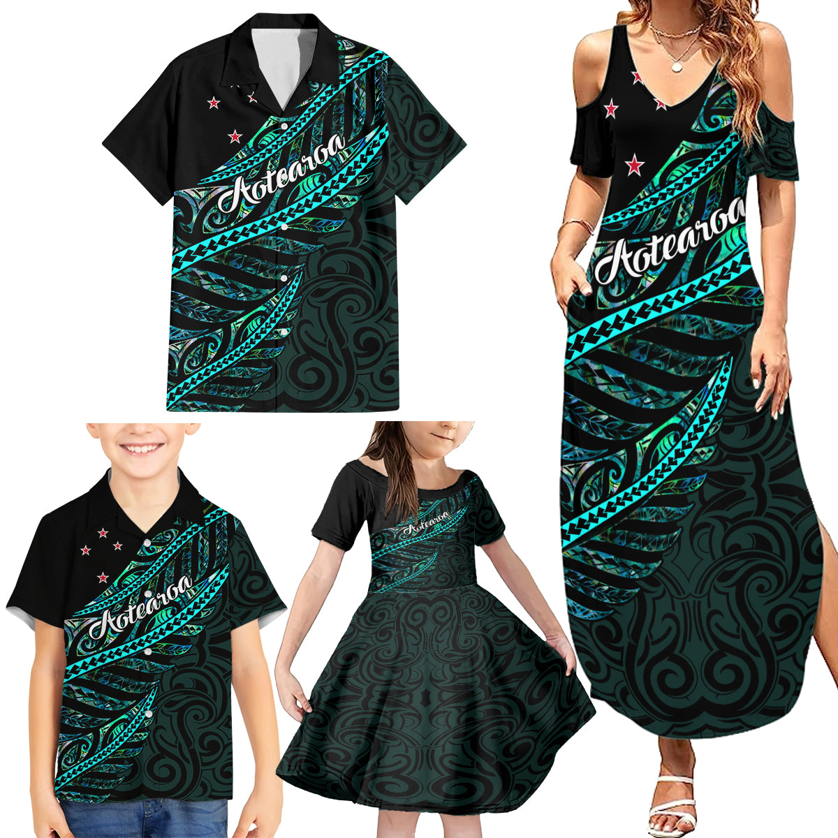 Personalised Aotearoa Family Matching Summer Maxi Dress and Hawaiian Shirt Silver Fern Mix Paua Shell Polynesian Pattern LT01 - Polynesian Pride