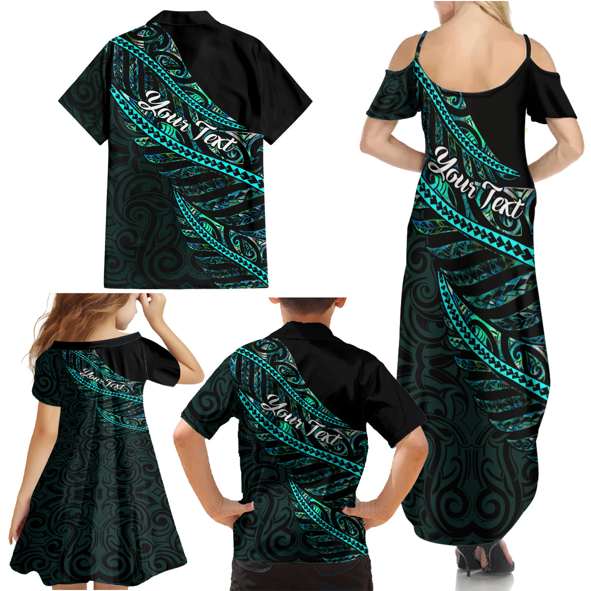 Personalised Aotearoa Family Matching Summer Maxi Dress and Hawaiian Shirt Silver Fern Mix Paua Shell Polynesian Pattern LT01 - Polynesian Pride
