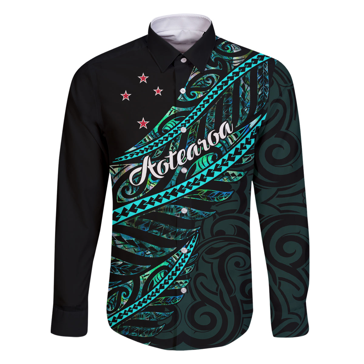 Personalised Aotearoa Family Matching Summer Maxi Dress and Hawaiian Shirt Silver Fern Mix Paua Shell Polynesian Pattern LT01 Dad's Shirt - Long Sleeve Black - Polynesian Pride