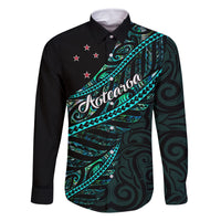 Personalised Aotearoa Family Matching Summer Maxi Dress and Hawaiian Shirt Silver Fern Mix Paua Shell Polynesian Pattern LT01 Dad's Shirt - Long Sleeve Black - Polynesian Pride