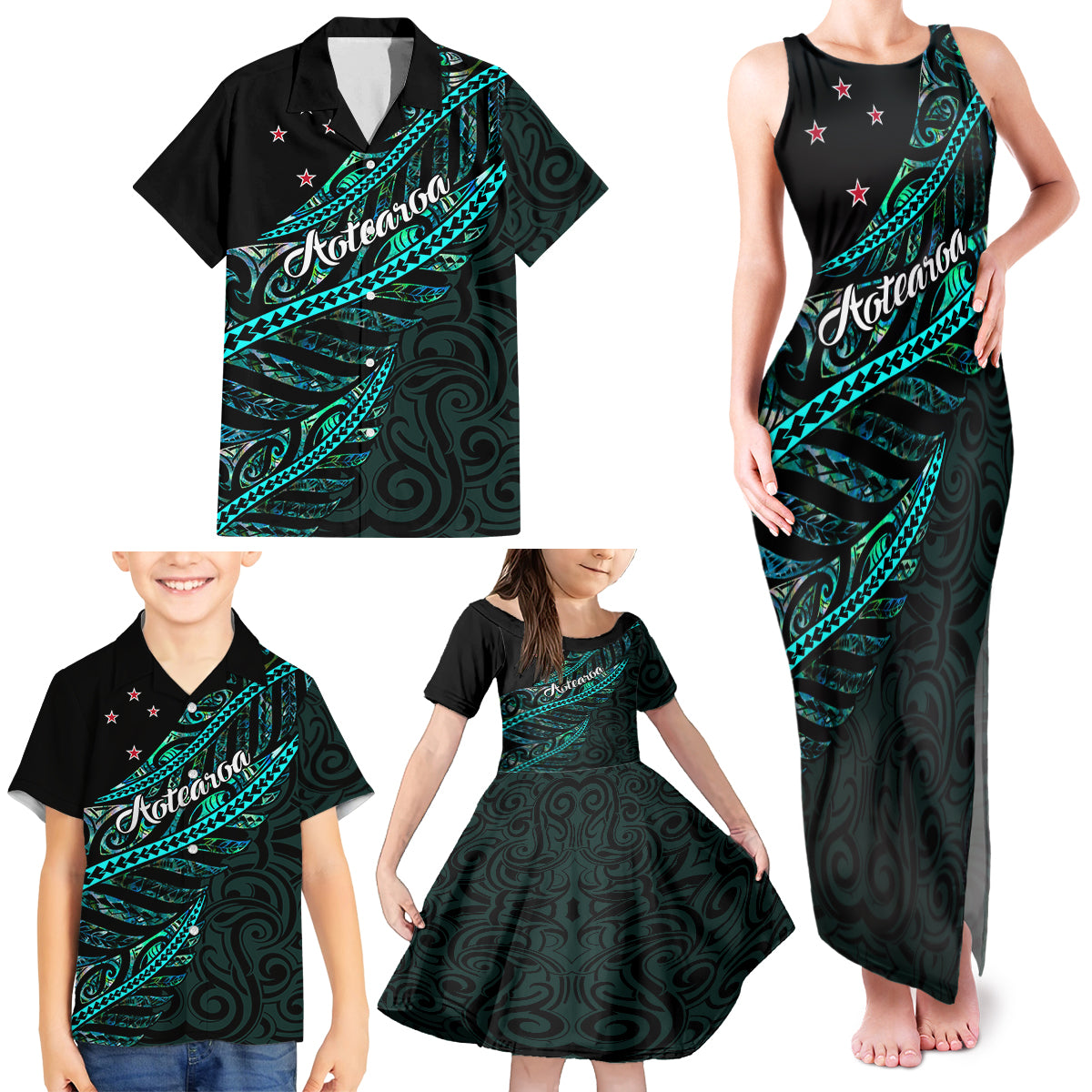 Personalised Aotearoa Family Matching Tank Maxi Dress and Hawaiian Shirt Silver Fern Mix Paua Shell Polynesian Pattern LT01 - Polynesian Pride