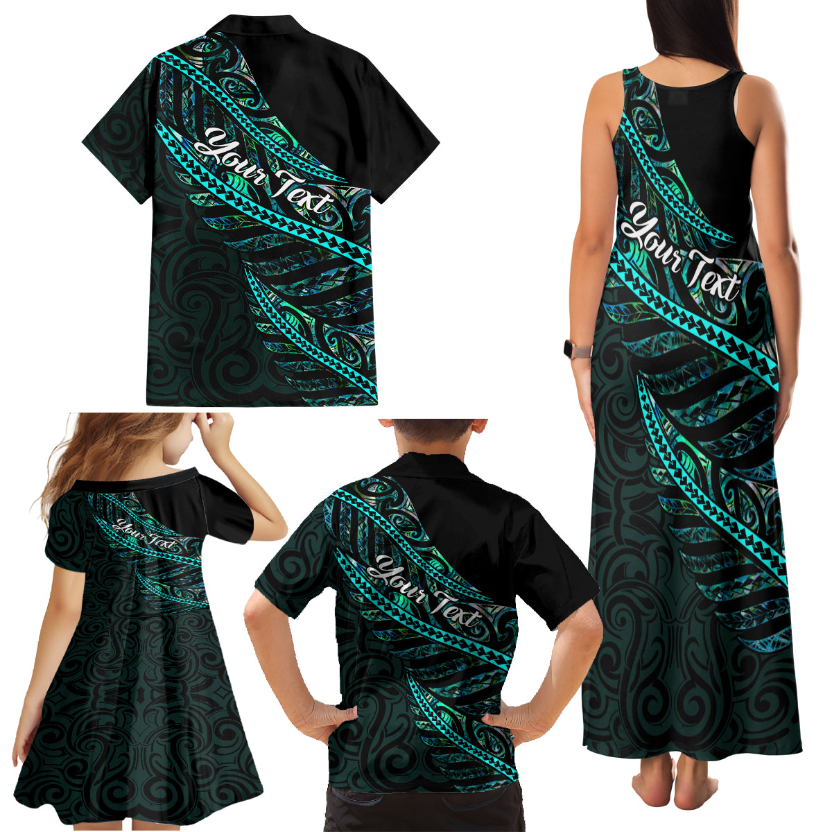 Personalised Aotearoa Family Matching Tank Maxi Dress and Hawaiian Shirt Silver Fern Mix Paua Shell Polynesian Pattern LT01 - Polynesian Pride