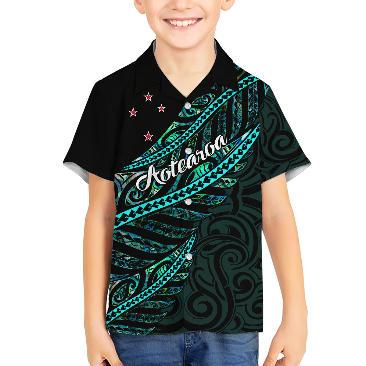 Personalised Aotearoa Kid Hawaiian Shirt Silver Fern Mix Paua Shell Polynesian Pattern LT01 Kid Black - Polynesian Pride