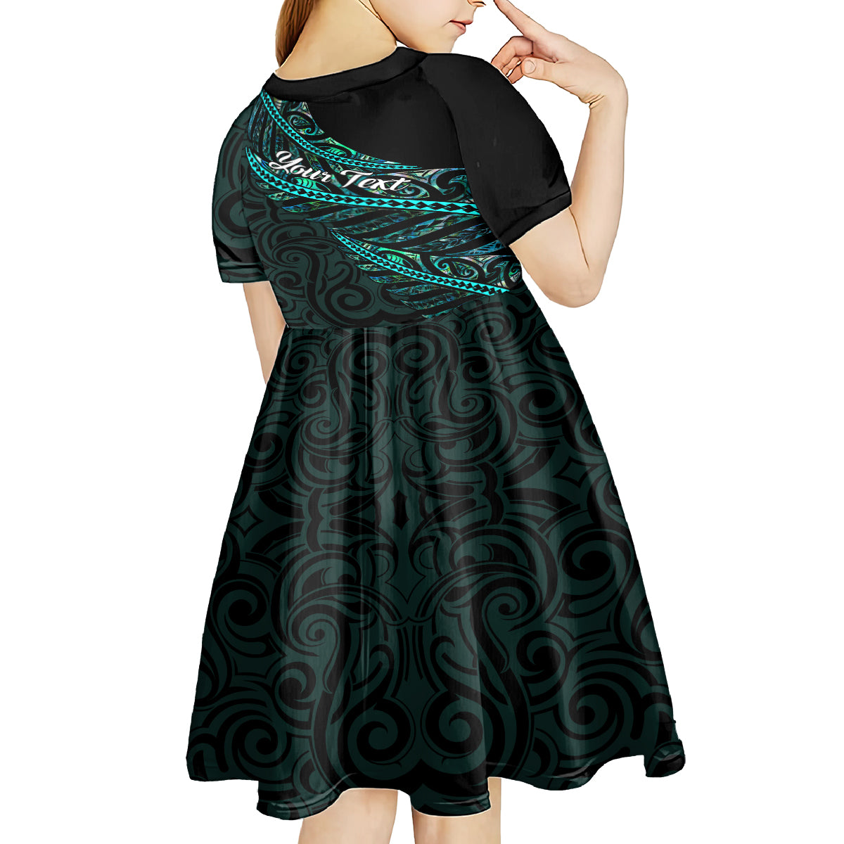 personalised-aotearoa-kid-short-sleeve-dress-silver-fern-mix-paua-shell-polynesian-pattern