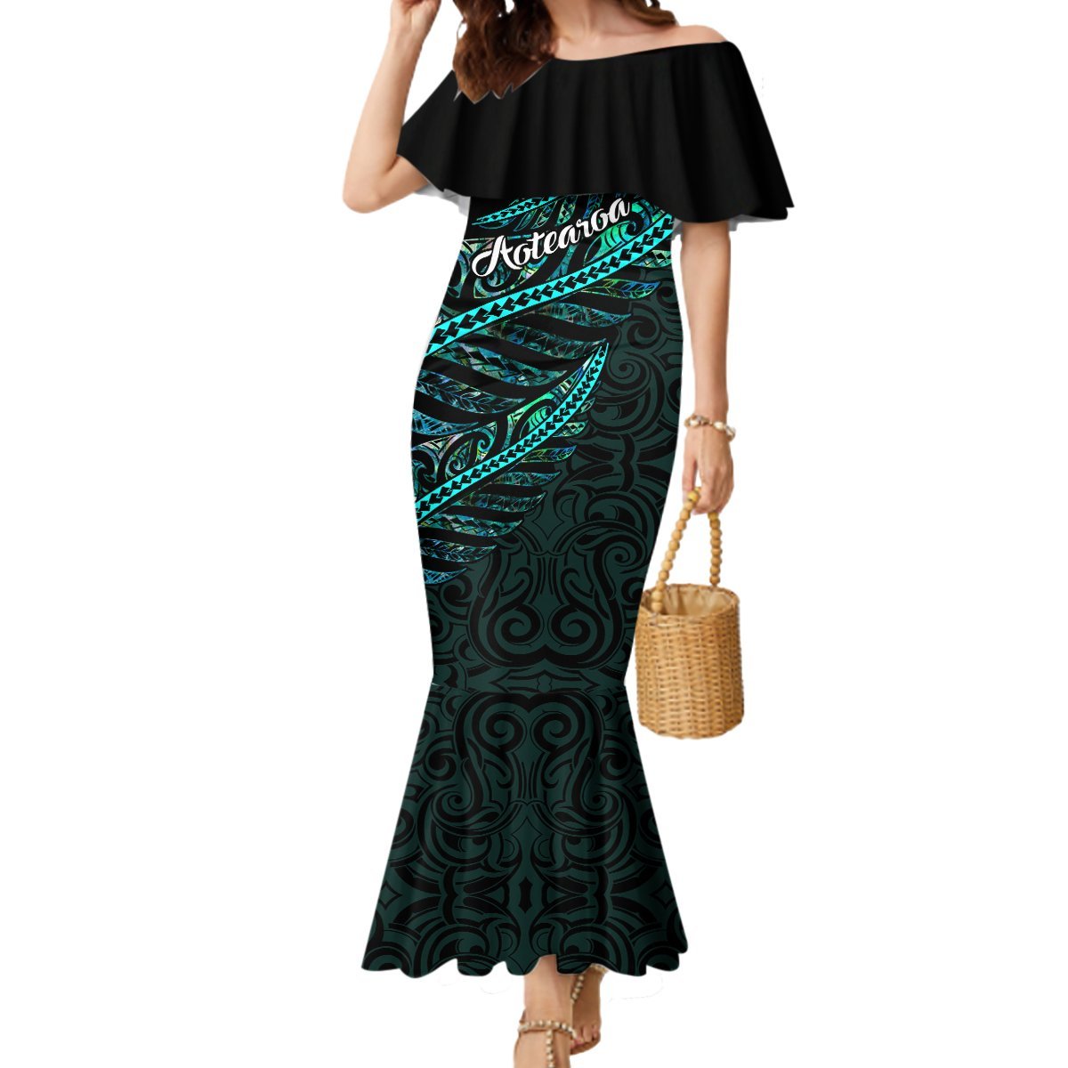 Personalised Aotearoa Mermaid Dress Silver Fern Mix Paua Shell Polynesian Pattern LT01 Women Black - Polynesian Pride